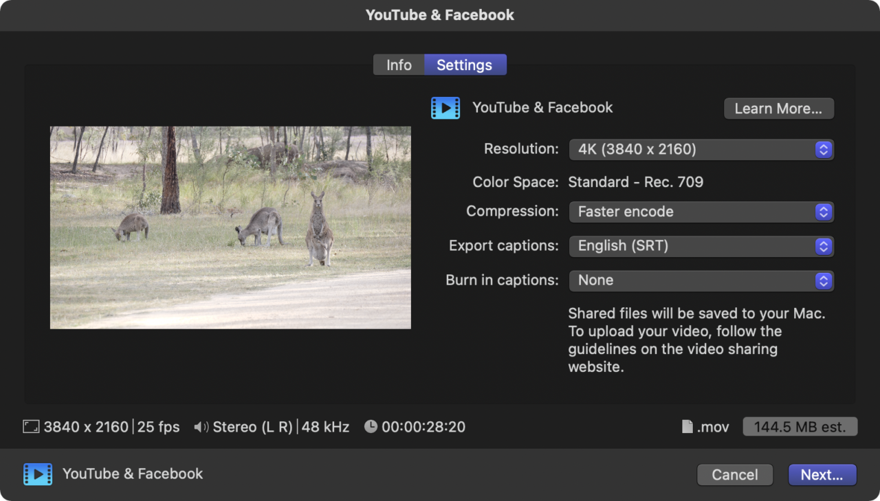 The new YouTube & Facebook export dialog